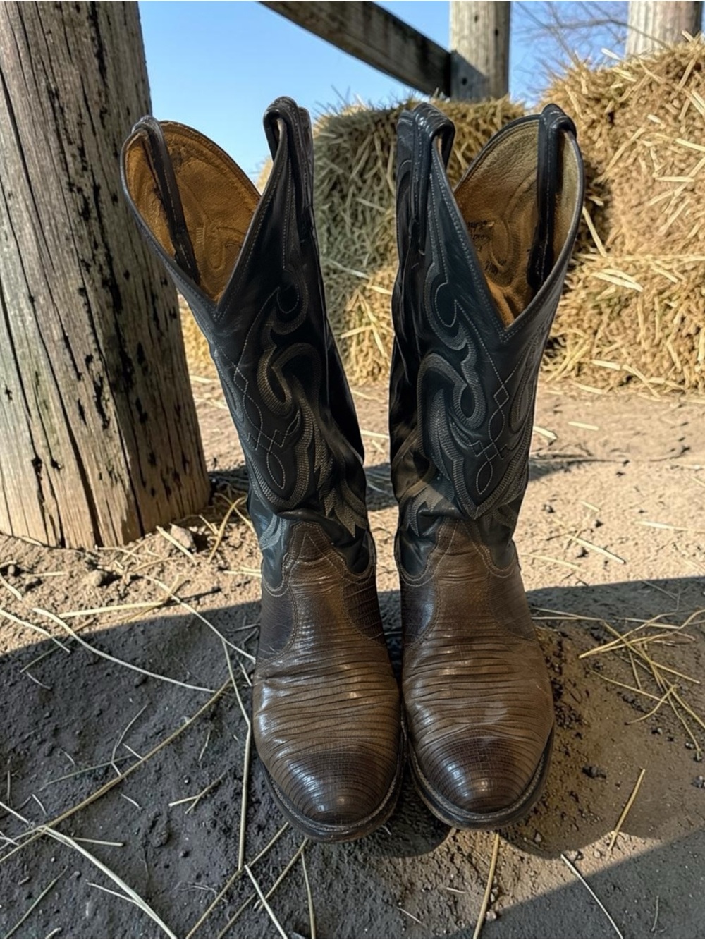 Tony Lama Brown Foot with Black Embroidered Shaft Western Boots